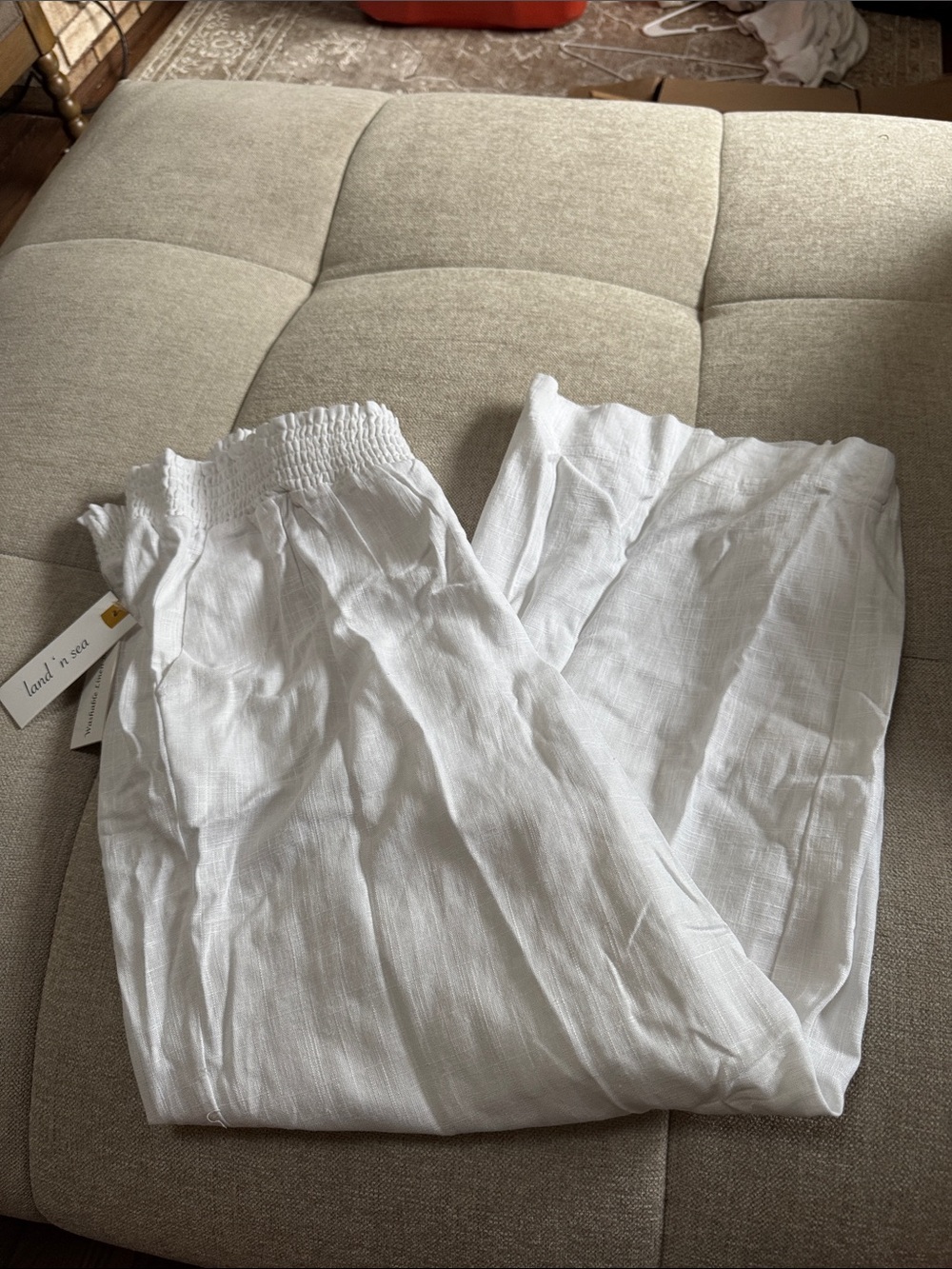 Women’s Linen White Lightweight Elastic-Waist Pants